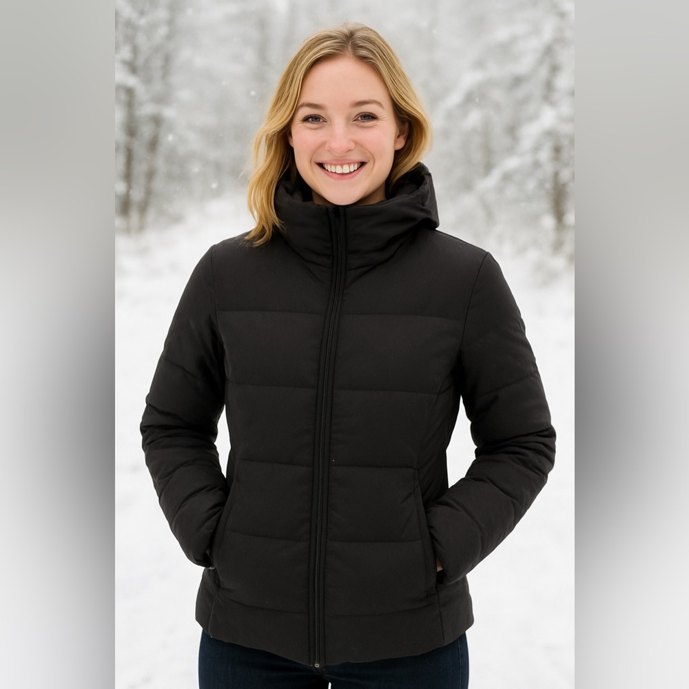 Anne Klein Black Hooded Quilted Puffer Jacket